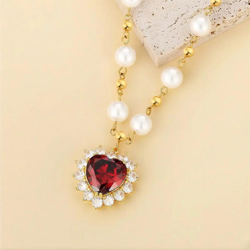 8MM PEARL AND RUBY HEART PENDANT