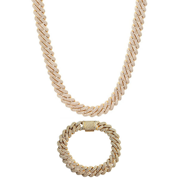 12MM GOLD ICED OUT CURB CHAIN + BRACELET