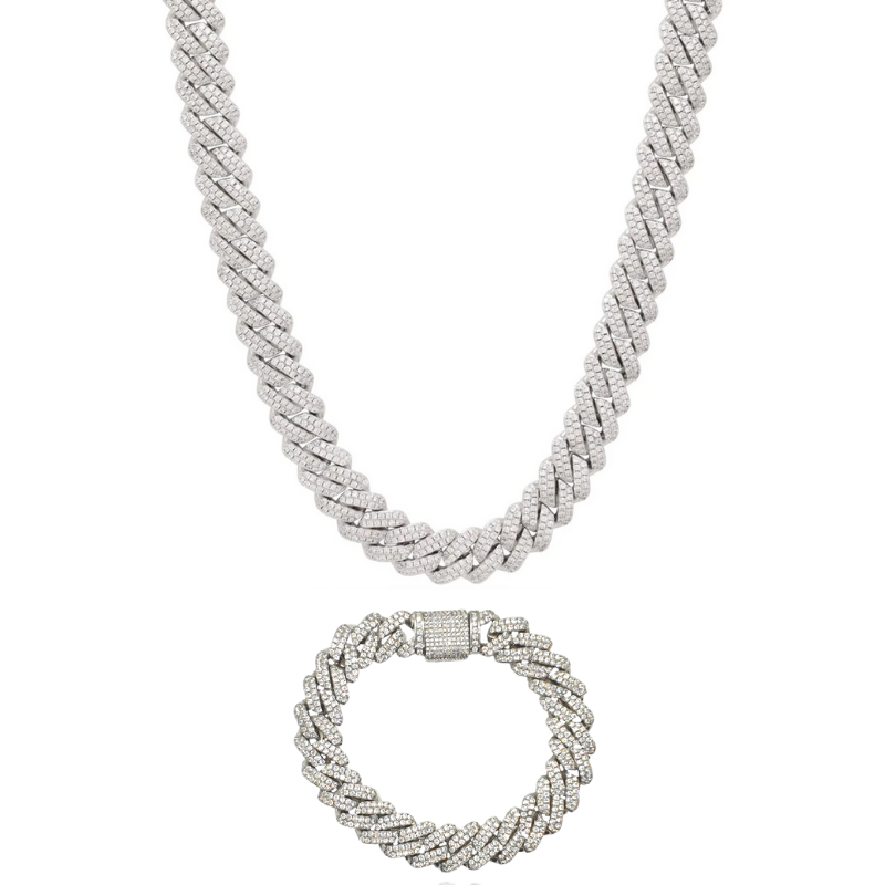 12MM WHITE GOLD ICED OUT CURB CHAIN + BRACELET